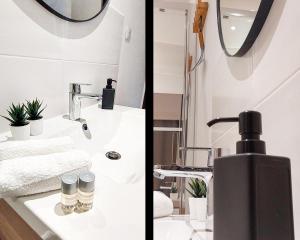 Duas fotografias de uma casa de banho com um lavatório e um espelho. em Artbleu -Tout Confort - Idéal Pros - Proche commerces em Montluçon