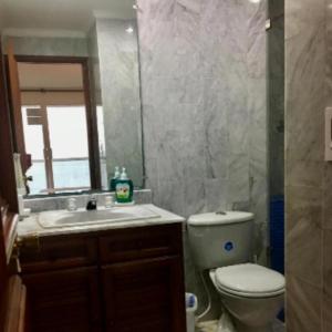 圣安德烈斯Apartamento con Vista al Mar en Sun Rise San Andrés的浴室里有马桶、洗手池和镜子。