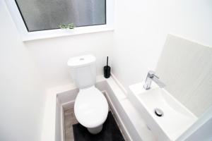 a bathroom with a white toilet and a sink at skyline hanover 2 bedroom 203 in Swansea