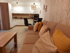 ein Wohnzimmer mit einem Sofa und einer Küche in der Unterkunft Apartmán Filip - Pod Lesom in Vysoké Tatry