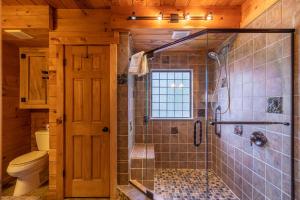 ein Bad mit einer Dusche und einem WC in der Unterkunft Beary Relaxing Cabin in Banner Elk