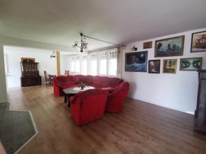 利茲巴克瓦爾明斯基的住宿－Dom na Warmii，客厅配有红色的沙发和桌子