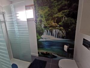 利茲巴克瓦爾明斯基的住宿－Dom na Warmii，浴室的墙上挂有瀑布壁画