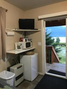 eine kleine Küche mit einer Mikrowelle und einem Kühlschrank in der Unterkunft Cabin 1 Lynn View Lodge in Haines