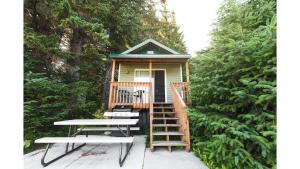 海恩斯的住宿－Cabin 1 Lynn View Lodge，树林中的小房子,带桌子和长凳