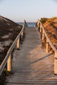 un paseo marítimo de madera que conduce al océano en una playa en Bliss on the Bay, en Struisbaai