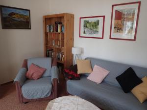 una sala de estar con 2 sofás y un estante para libros. en Gemütliche Ferienwohnung in hirschreicher Umgebung, 