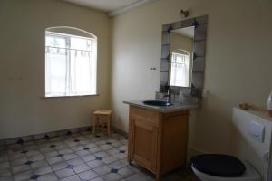 a bathroom with a sink and a toilet and a mirror at Møllehusets Bed & Breakfast in Nordborg