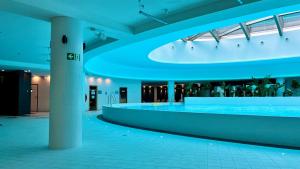 a large swimming pool in a building with a ceiling at Hanza 1107 in Szczecin