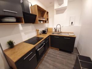 una pequeña cocina con armarios negros y fregadero en Apartment Düsseldorf, en Düsseldorf