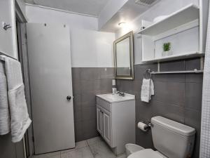 een badkamer met een toilet, een wastafel en een spiegel bij The Castle in Philipsburg