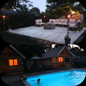 two pictures of a swimming pool in a backyard at Village Story kuća za odmor Plavna 