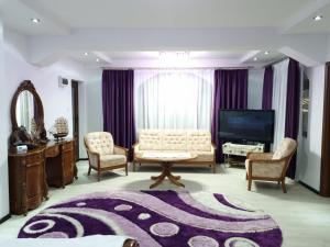 - un salon avec un canapé et une télévision dans l'établissement PENSIUNEA LUXURY, à Vama