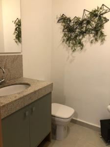uma casa de banho com um lavatório, um WC e um espelho. em Studio Luxo Completo Independência 915- São Mateus em Juiz de Fora