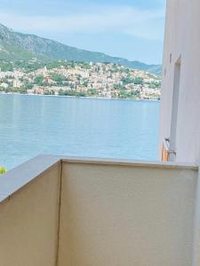 a view of a large body of water from a balcony at Hotel Vienna in Herceg-Novi