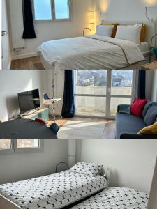 two pictures of a bedroom with a bed and a couch at Roosevelt Cosy 2BR Easy Access to Paris Free parking in Saint-Germain-en-Laye