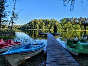 two boats are docked at a dock on a lake at CHILL Village - Osikowy Apartament in Nowinka