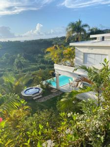an aerial view of a house with a swimming pool at Piscina vista al mar, Jacuzzi con agua caliente in Río San Juan