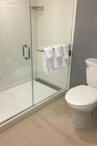 a bathroom with a toilet and a shower with towels at Residence Inn by Marriott Albany Clifton Park in Clifton Park
