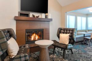 a living room with a fireplace and a couch and chairs at Residence Inn Chicago Deerfield in Deerfield