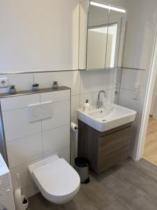 a white bathroom with a toilet and a sink at Schöne Ferienwohnung mit eigenem Stellplatz in Detmold