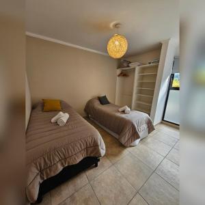 埃爾博爾松的住宿－Andes Departamentos，一间卧室配有两张床和吊灯。