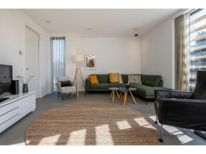 ein Wohnzimmer mit einem Sofa und einem TV in der Unterkunft completely newly built modern holiday home in a quiet location in Kamperland
