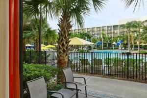 a patio with chairs and a palm tree and a pool at Sheraton Orlando Lake Buena Vista Resort in Orlando