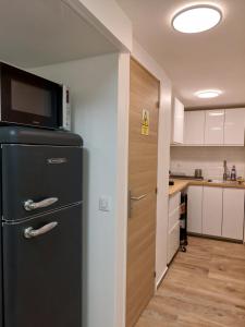 a kitchen with a black refrigerator and a microwave at Paris beaugrenelle: charmante résidence in Paris