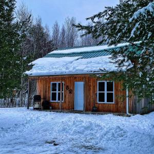 Chalets du Domaine Yamaska في بورمونت: كابينة خشبية صغيرة مع ثلج على السطح