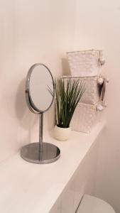 a mirror sitting on a shelf next to a toilet at Lovely 1-Bed Apartment in Hackney London in London