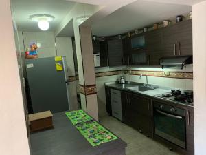 a kitchen with a refrigerator and a person standing on a counter at Casa Merce in Pereira