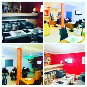 four different pictures of a restaurant with tables and chairs at Ne-yo hotel & rv lodges in Asaba