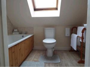 a bathroom with a toilet and a bath tub and a skylight at The Singing Heart, TirNaNog Cozy Cottage near Lochgilphead !!HIDDEN GEM!! in Lochgilphead