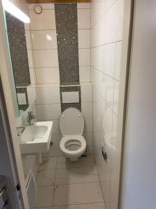 Baño pequeño con aseo y lavamanos en Superbe appartement 3.5 avec cheminée, en Gruyères