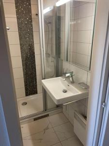ein Bad mit einem Waschbecken und einer Dusche in der Unterkunft Superbe appartement 3.5 avec cheminée in Gruyères