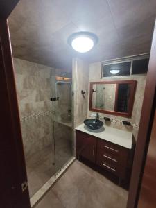 een badkamer met een douche, een wastafel en een spiegel bij Casa Grande con parqueadero in Ipiales