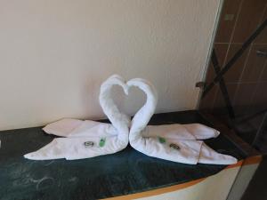 Dos cisnes de toalla haciendo un corazón en un mostrador en Hotel Extasis, en Ciudad de México