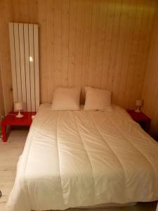 - une chambre avec un lit blanc et 2 tables de chevet dans l'établissement Entre lac et montagne proche gare et thermes., à Aix-les-Bains