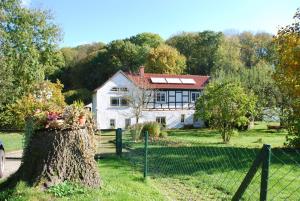 a white house with a fence and a tree at Ferienwohnung Obermühle in Ballstädt