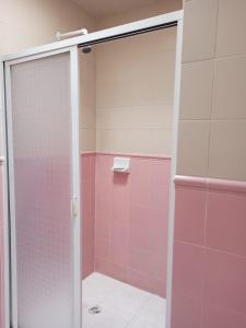 y baño de color rosa con ducha y puerta de cristal. en Hotel Afrodita en Ciudad de México