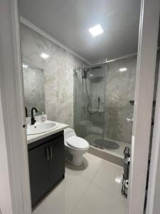 La salle de bains est pourvue d'une douche, de toilettes et d'un lavabo. dans l'établissement Alicia's Place 10 min from AirPort, à Alajuela