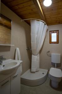 a bathroom with a toilet and a sink with a shower curtain at Secluded fisherman's cottage Cove Babac, Pasman - 20901 in Pašman