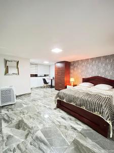 1 dormitorio con 1 cama grande y escritorio en Hotel Monaco, en Santo Domingo de los Colorados