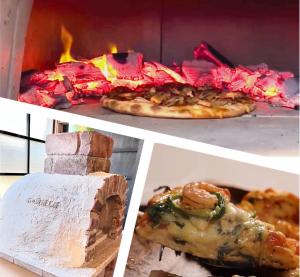 tres fotos de pizzas en un horno de fuego en 炉之宿 淀川 en Osaka
