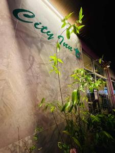 a sign on the side of a building with a plant at City Inn in Kuching