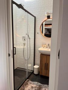 a bathroom with a glass shower and a sink at Grich Witch apartment in Zagreb