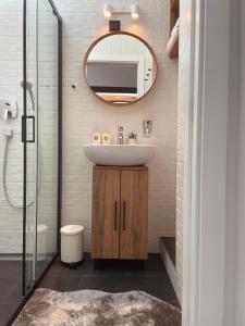 a bathroom with a sink and a mirror at Grich Witch apartment in Zagreb