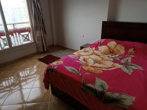 een slaapkamer met een bed met een rood dekbed bij Mohamed Afifi Florence El Montazah - 2 Bed rooms - "Compound" in Alexandrië
