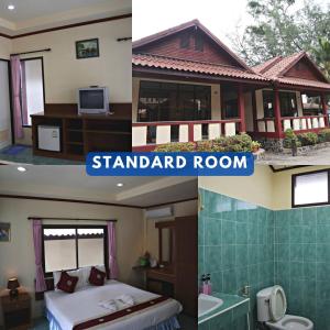 two pictures of a bedroom and a standard room at Island View Bungalows in Choeng Mon Beach